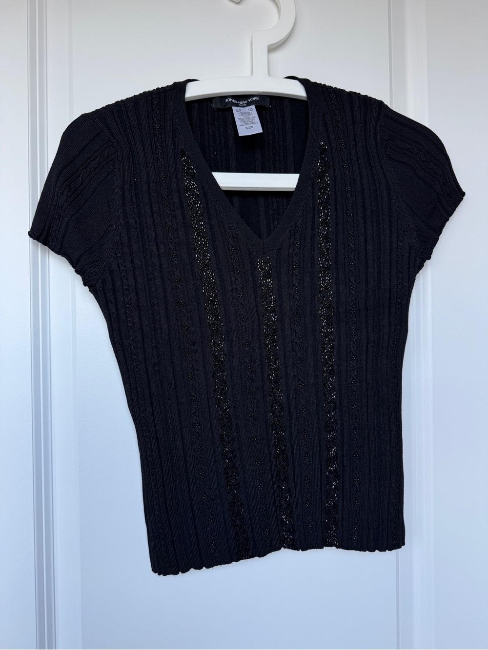 Y2K Beaded V-Neck Short Sleeve Ribbed Knit Top